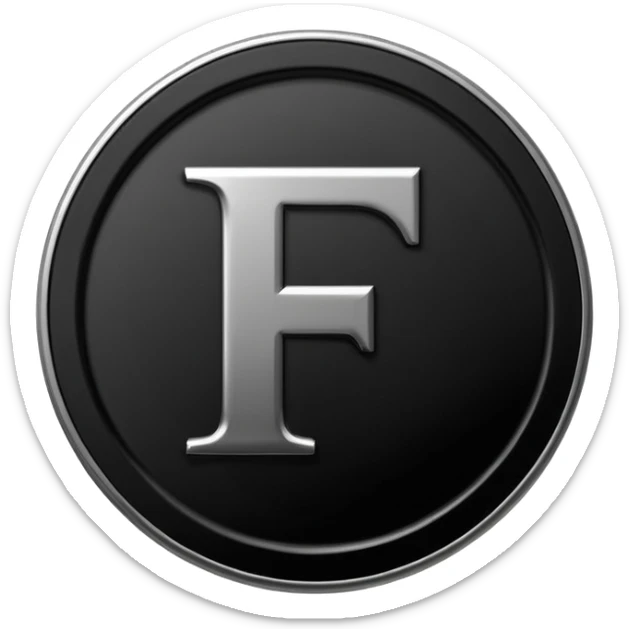 Emoji icon of a black coin with engraved letter F, minimalist style, isolated, no color sticker