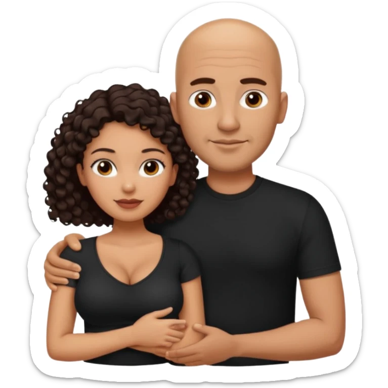 A picture of a tanned couple with the man's arm around her. the man is a Mexican man with tanned skin, a bald hair cut, short beard and wearing a black shirt. the woman is mixed, with curly dark brown hair and with big boobs  sticker