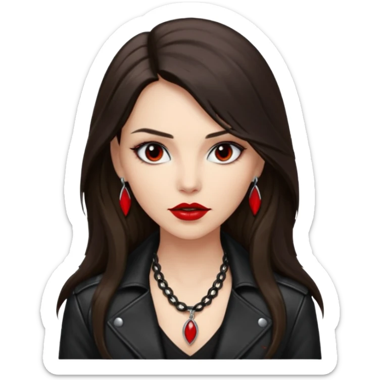 brunette with very long hair in black cuir jacket with red lips and very dark brown eyes and white shirt and mysterious necklace sticker