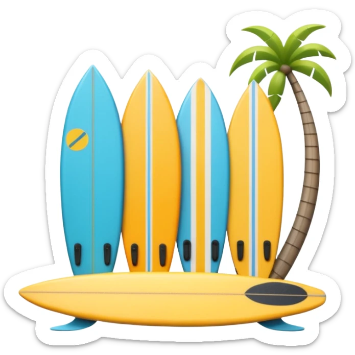 3D emoji style icon of a surf shop with surfboards, fins, and accessories on display sticker