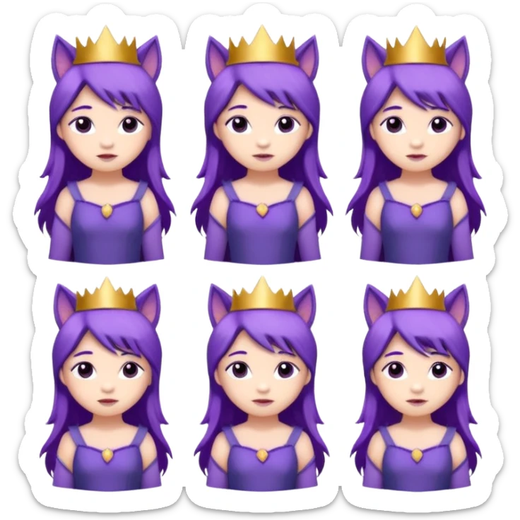 A collection of twelve chibi-style illustrations of a cute princess wearing a purple dress and crown with purple hair and purple wolf ears and purple wolf tail character. Each square shows the character expressing a different emotion against a white background And make a gap between each illusion sticker