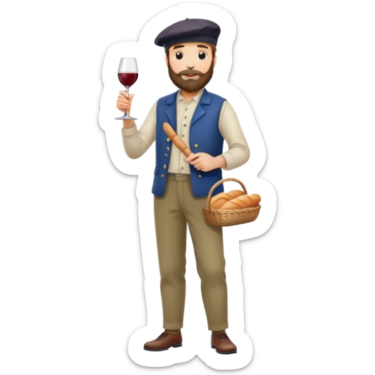 French man with beard, béret, trousers, shoes, holding a baguette and wine  sticker