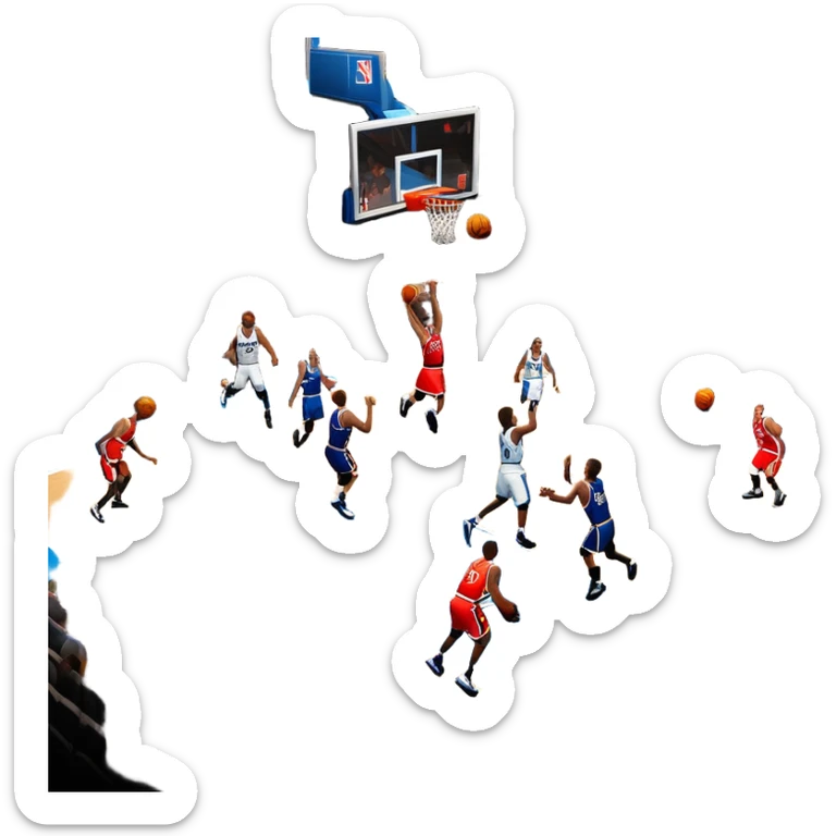 An icon showing a basketball court with players in action, inspired by NBA 2K25. A player jumps for a dunk, the ball mid-air, with the court’s floor and surrounding basketball arena visible. Bright lights highlight the excitement of the game. Transparent background. sticker
