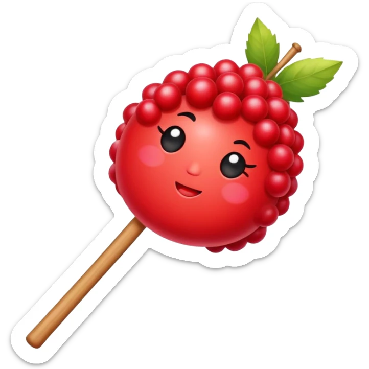 Sugar coated Chinese haws fruits crispy red snack, simplified emoji style with bold outlines and bright colors, cartoon style bingtang hulu on stick sticker