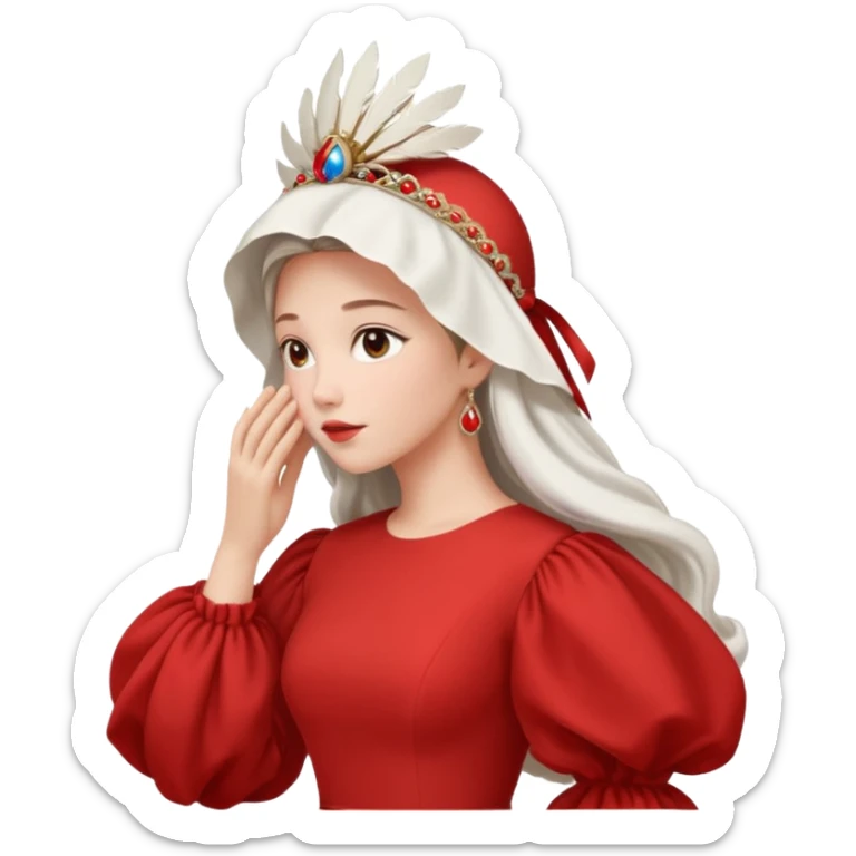 mujer de perfil con un vestido rojo de manga y falsas largas y voluptosas, y una toca blanca GRANDE que no se le ve la cara porque la toca la cubre sticker