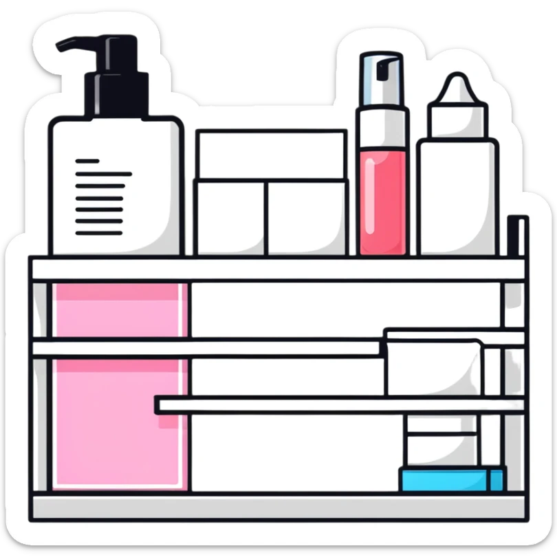 big long white shelf with one serum bottle labeled beauty brand and big sticky note next to it sticker