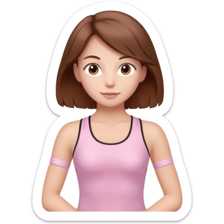 brown hair girl wearing light pink pilates clothes, fluffy medium hair and brown eyes sticker