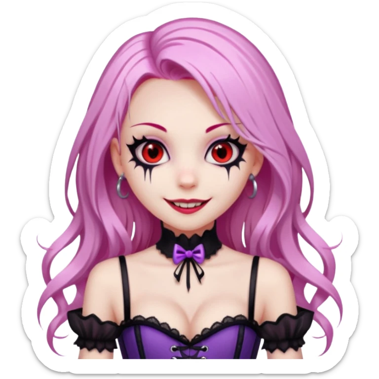 pretty scary girl, long straight LIGHT pink HAIR,SCARY RED eyes, black eyeliner, pale skin, purple corset clothes with laces, AND WITH A GRIN SMILE  sticker