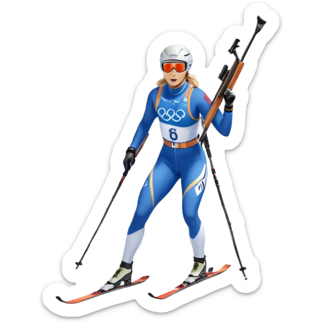 An icon showing a biathlete skiing on a snow-covered Olympic track with a rifle on their back. Cheering fans fill the stands. Majestic mountains, snowy trees, and a bright blue sky complete the scenic winter landscape. Transparent background captures the spirit of biathlon. sticker