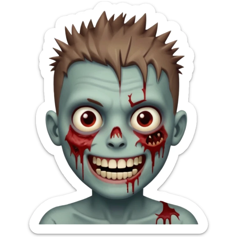 zombie boy with brown short spiky hair, white skin, and white eyes; an open smile, and bloodied teeth; sticker