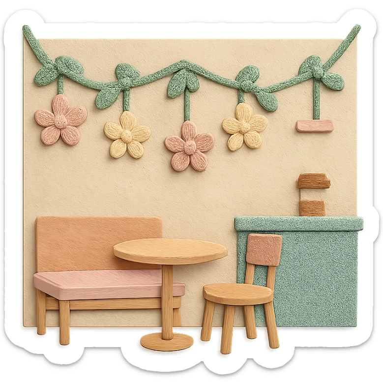 wall floral garland in a cozy café, soft pastel colors, paper craft style sticker