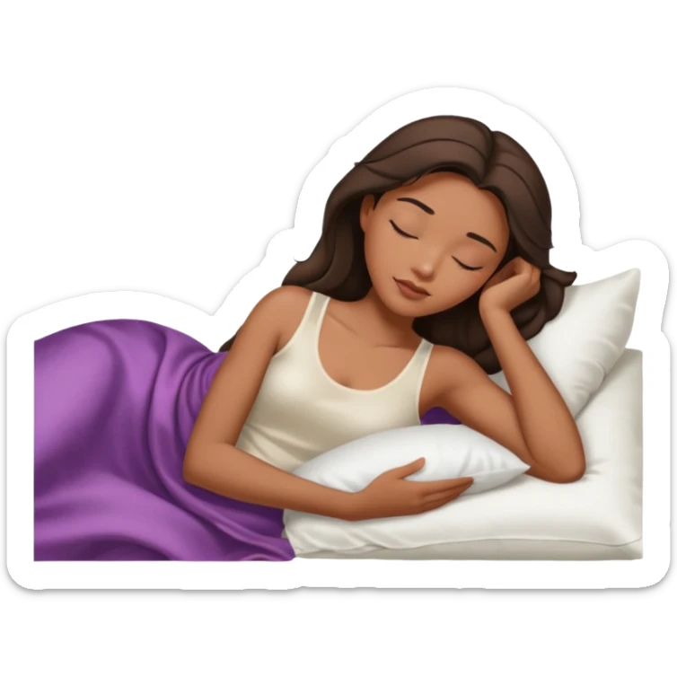 sleeping beauty african american woman with dark brown hair with a white silk pillow, she is sleeping on her side, she is wearing a white tank top sticker
