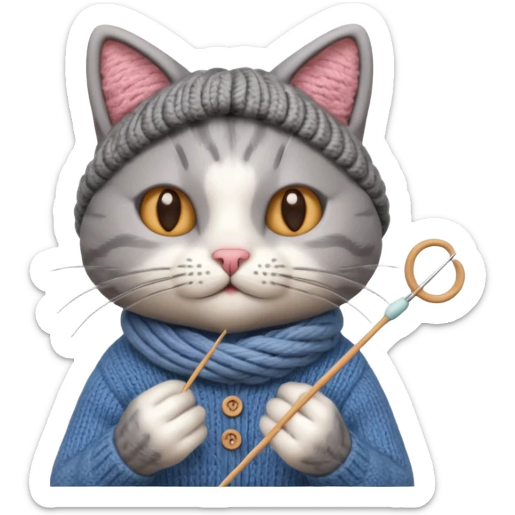 knitting cat portrait, head and shoulders only, cute cat holding knitting needles and yarn, cozy expression, warm handmade vibe, 3D cartoon style, mobile game icon style, clean background, no text, no watermark
 sticker