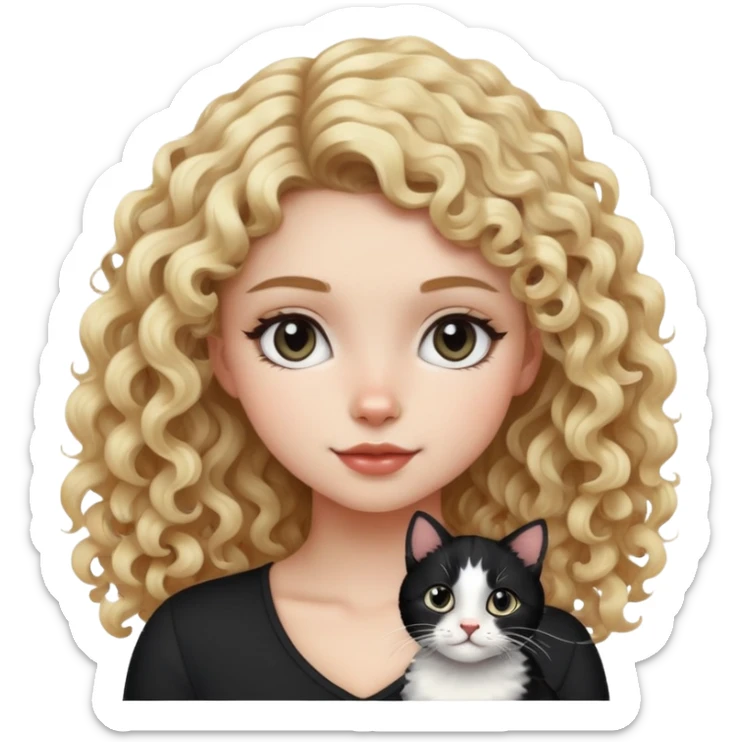 Curly blonde hair girl with mix black and white cat sticker