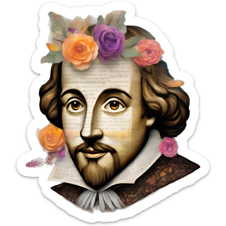 Shakespeare made of newspaper cuttings wearing flowers, stained glass, fairy lights, bokeh, annotated sketch, handwritten letters, collage of intricate patterns, lantern, bokeh, blur sticker