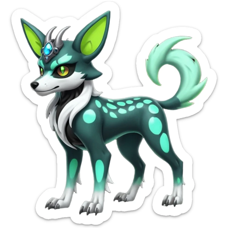 Hyper realistic slim horned skeletal black and neon green futuristic shiny colorful bioluminescent cyber-Poochyena-Lycanroc-Zorua-Litten-Houndoom-Fakémon-Pokémon-Digimon-hybrid-fusion (full body) with a skull face sticker