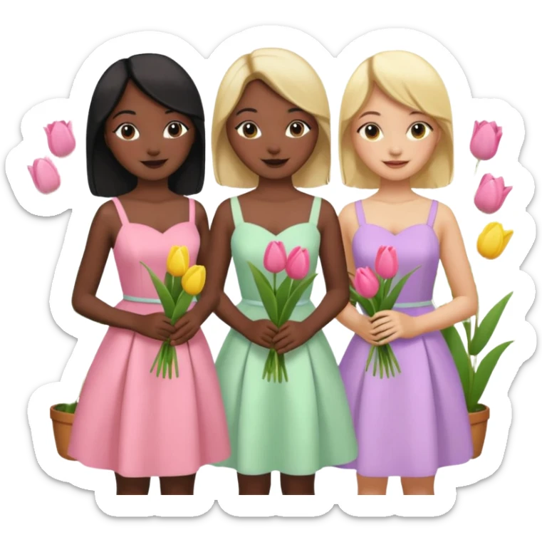 5 girls at a garden party wearing pastel dresses and holding tulips, one is black one is blond, one is asian, one is latina sticker