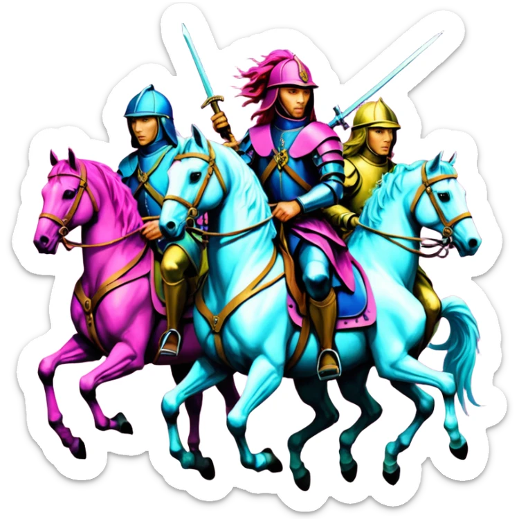 sybthwave ultra HD style, oil - The Four Horsemen of the Apocalypse, based on a graphic by Albrecht Dürer sticker