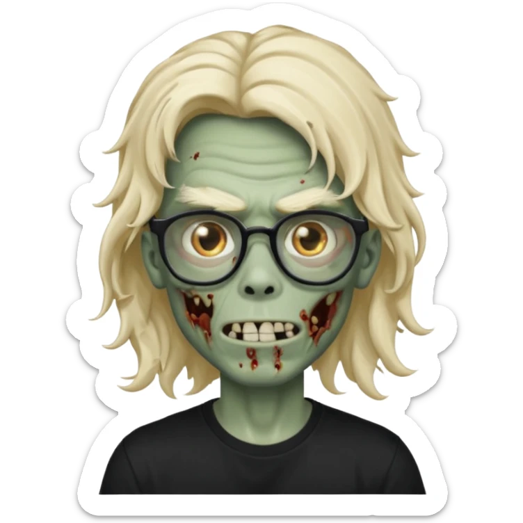 A zombie boy with long, wavy, falling hair, non-oval glasses, and a black t-shirt. sticker