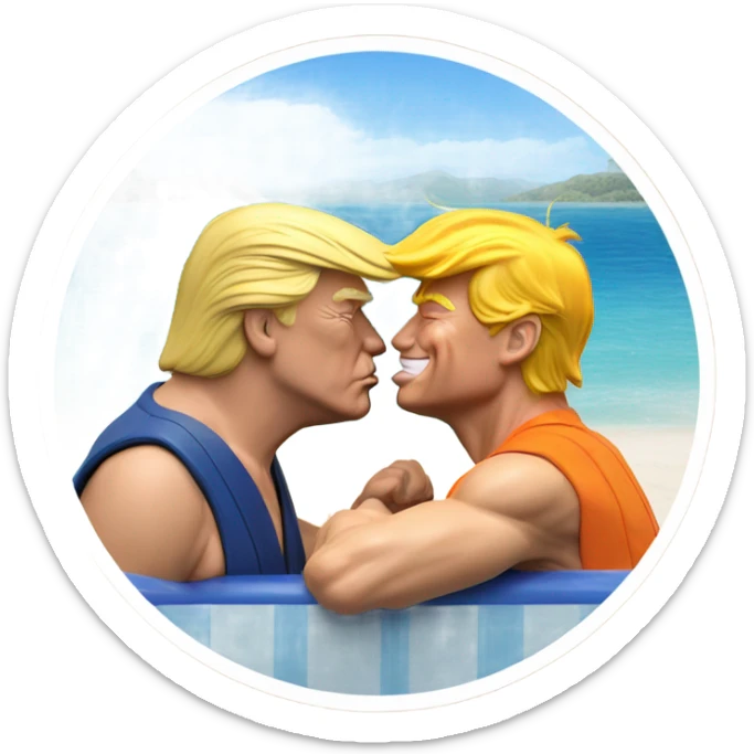 Photo realistic Donald Trump, kissing Goku at the beach by the pool sticker