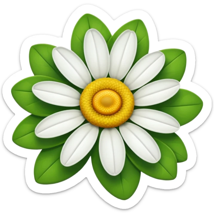 A daisy with ten petals, with green, red and white petals and a yellow centre. sticker