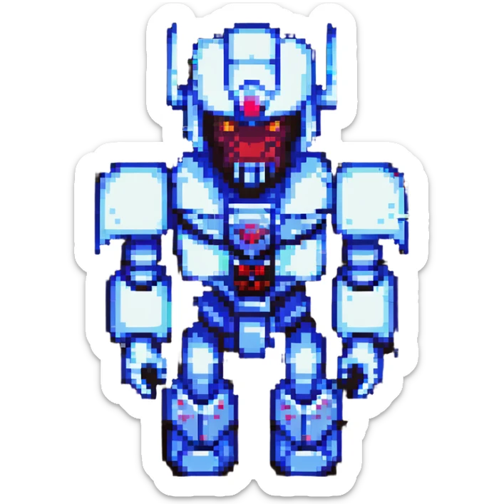 Nemesis Prime robotic villain, pixel art style, dark color palette, glowing red eyes, blocky pixelated design sticker