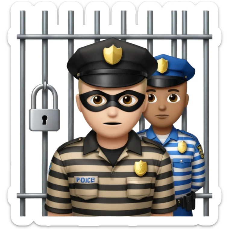 emoji of a cartoon thief in a striped mask behind metal bars with a lock and police officer nearby, chains draped across the bars sticker