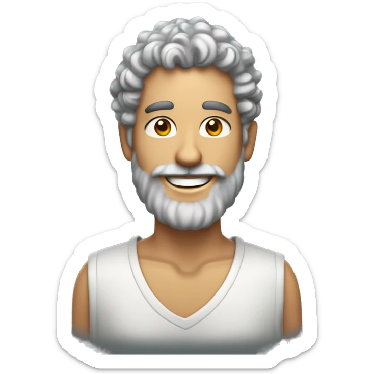 Man with curly salt and pepper hair and beard, with pale tanned skin and broad smile sticker