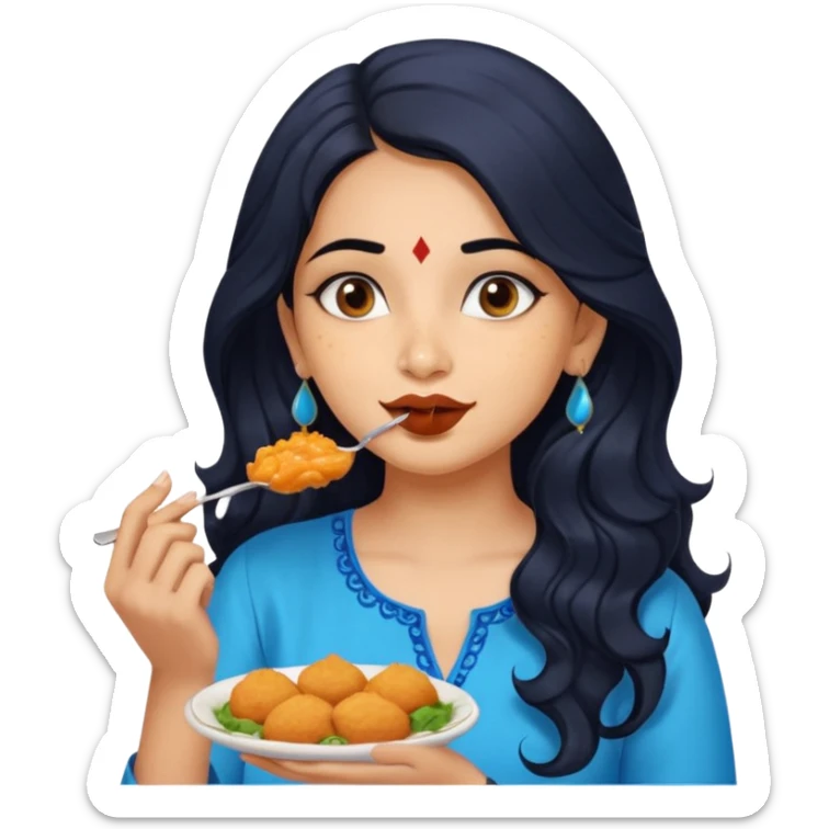 a pretty indian bratz girl with wavy long black hair. eyeliner on, wearing a blue kurti, eating vadapav sticker