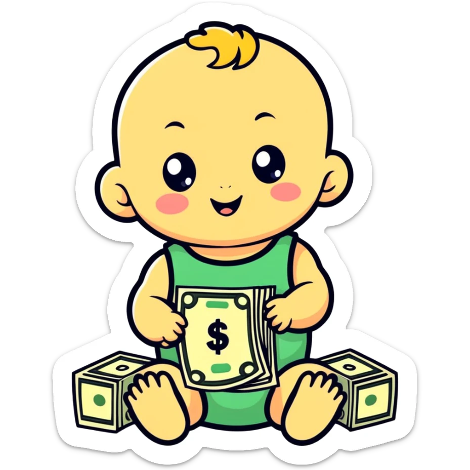 a baby with dollar signs in its eyes, cartoonish sticker style sticker