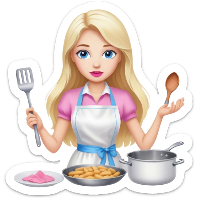 Cinematic realistic beautiful blonde with long hair, blue eyes and pink lips in a white dress cooks sticker
