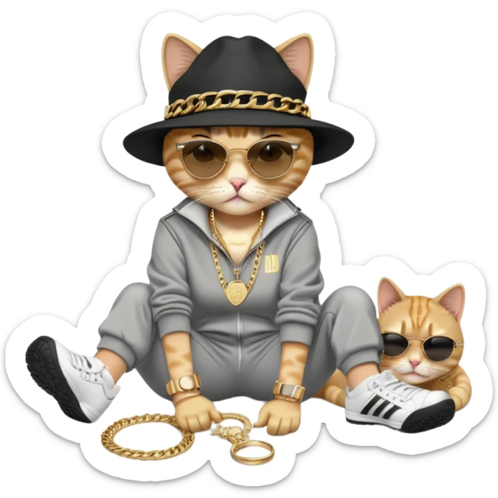 female cat dressed like Run DMC in tracksuit, fedora, Adidas shoes, dark sunglasses, lots of gold chains, rings, bracelets, earrings, lying on the ground after falling, worried look sticker