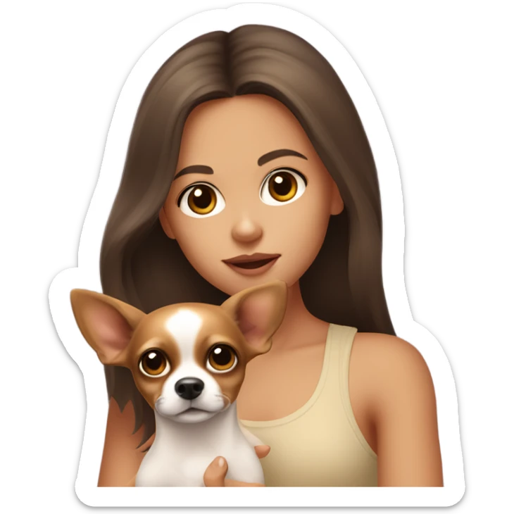 A girl with long brown hair, big brown eyes, big lips wearing a singlet top, she is holding a fawn coloured chihuahua sticker