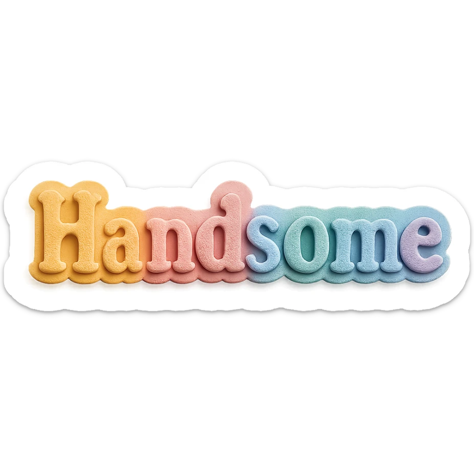 the word 'Handsome' in soft pastel rainbow colors, bold serif font, kawaii style, no outline, 3D paper-craft effect sticker
