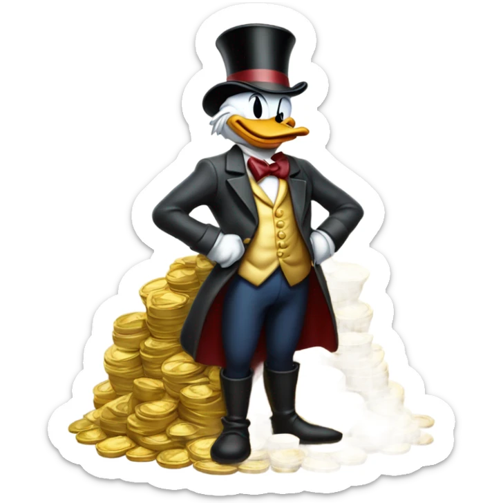 a slim successful looking scrooge mcduck standing atop a pile of money sticker