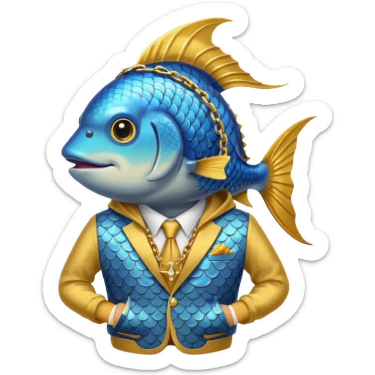 A fish on a fishing pole with a fancy suit and a watch and a chain and I golden hoodie  sticker