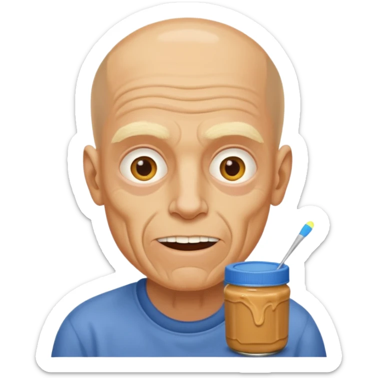 White man, barely any hair, lots and lots of wrinkles, bad yellow teeth, and peanut butter. Cerebral palsy sticker
