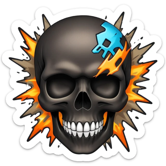 smooth black skull with wild graffiti explosion and hypebeast streetwear brand logos, angled view sticker