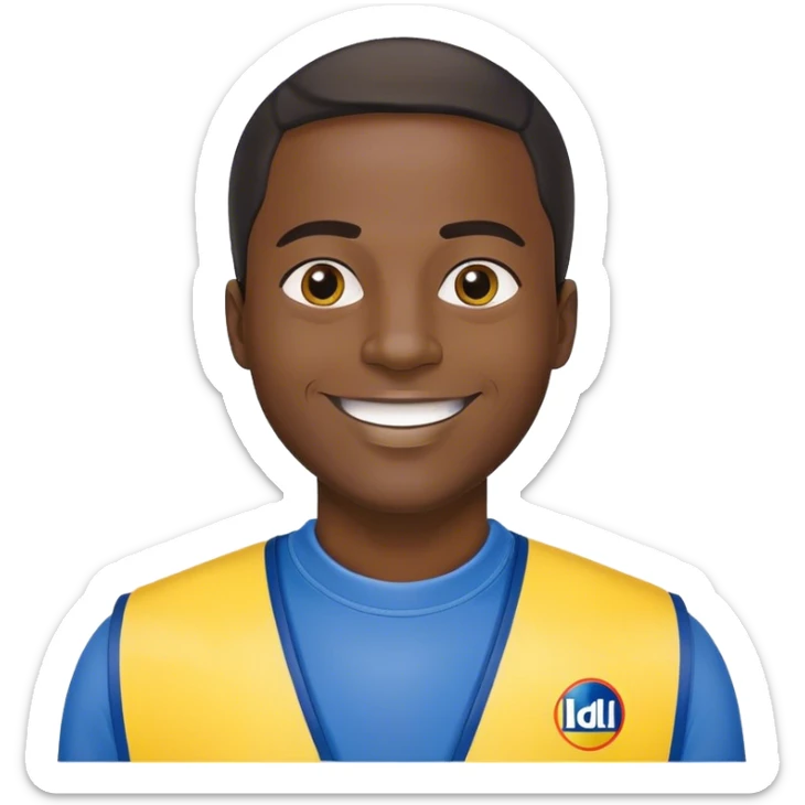 Black man smile. He has yellow and bleue cloth on him, with Lidl sloggan.  sticker
