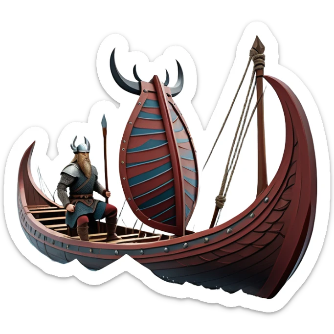 clash-of-clans-aesthetic_-cinematic-viking-longboat, rendered in a flat, bold vector style with minimal shading, featuring a striking dragon-headed prow slicing through icy, churning waters. shields on the side and vikings rowing The longboat’s intricately detailed shields and carved motifs evoke a sense of epic adventure and Nordic might, with billowing sails catching a dramatic, stormy sky backdrop. sticker