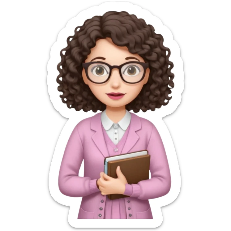 A crazy female scientist, with curly-wavy dark brown hair, brown eyes and light grey glasses and pale skin and pinkish lips, dressed to look like an english teacher sticker