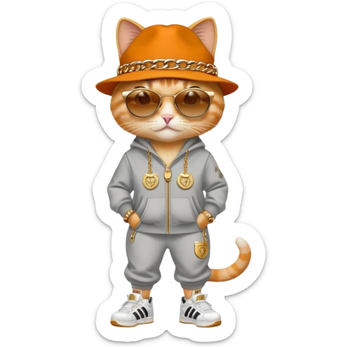 female cat dressed like Run DMC with tracksuit, fedora, Adidas shoes, dark sunglasses, lots of gold chains, rings, bracelets, earrings, upright sticker