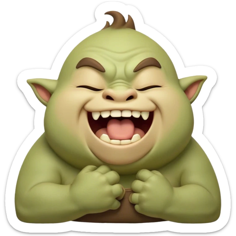 Cinematic Cute Yawning Ogre Portrait Emoji, with a surprisingly cuddly, rotund figure in soft earthy greens and browns, head tilted back in a big, gentle yawn exposing a set of comically oversized teeth, simplified yet irresistibly adorable, highly detailed with a soft glowing outline that captures the sleepy charm of a friendly ogre after a long day of gentle mischief! sticker