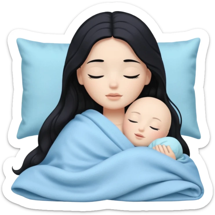 faça uma boneca branca, dos olhos pretos, cabelo preto longo com ondas leves deitada com travesseiros e cobertas azuis pasteis com os olhks fechados sticker