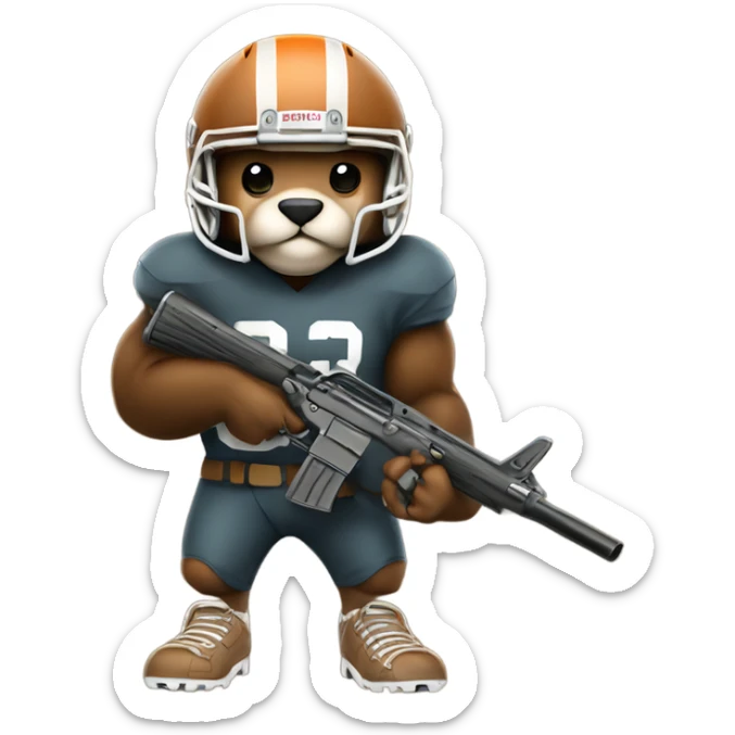 Beaver in football pads and helmet with a rifle sticker