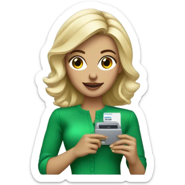 blonde woman dressed in a chic green look with a credit card machine in her hand sticker