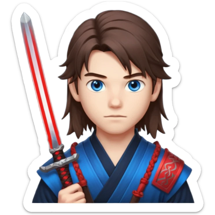 A 14 year old with red glowing katana and his hair be long and eye colour of blue make it boy  sticker