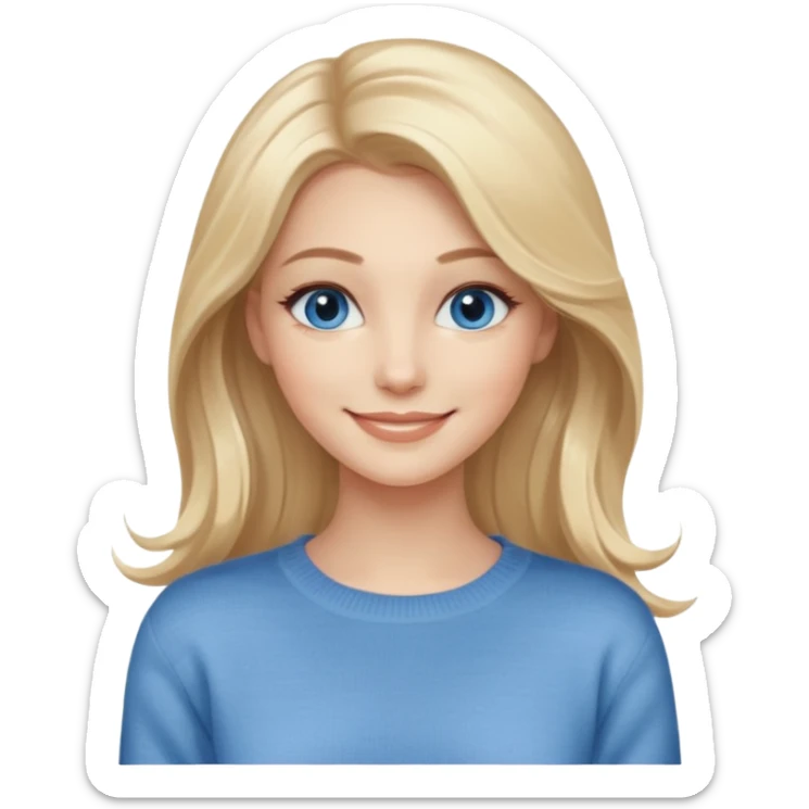 hyper realistic glamourous pale woman, Long blonde balayage hair, smiling, beige sweater & blue eyes sticker