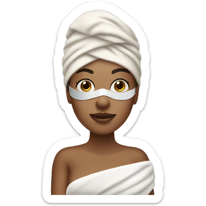 Medium skin tone women on a spa day with a towel and under eye mask sticker