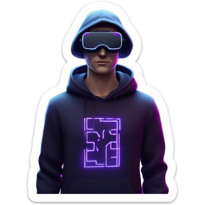 Russian man wearing a black hoodie with "OMG" letters on it and VR headset in a cyberpunk VR environment with violet neon lighting. sticker